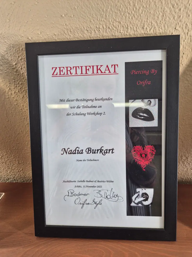 Zertifikat Workshop 2 – Piercing by Orifra